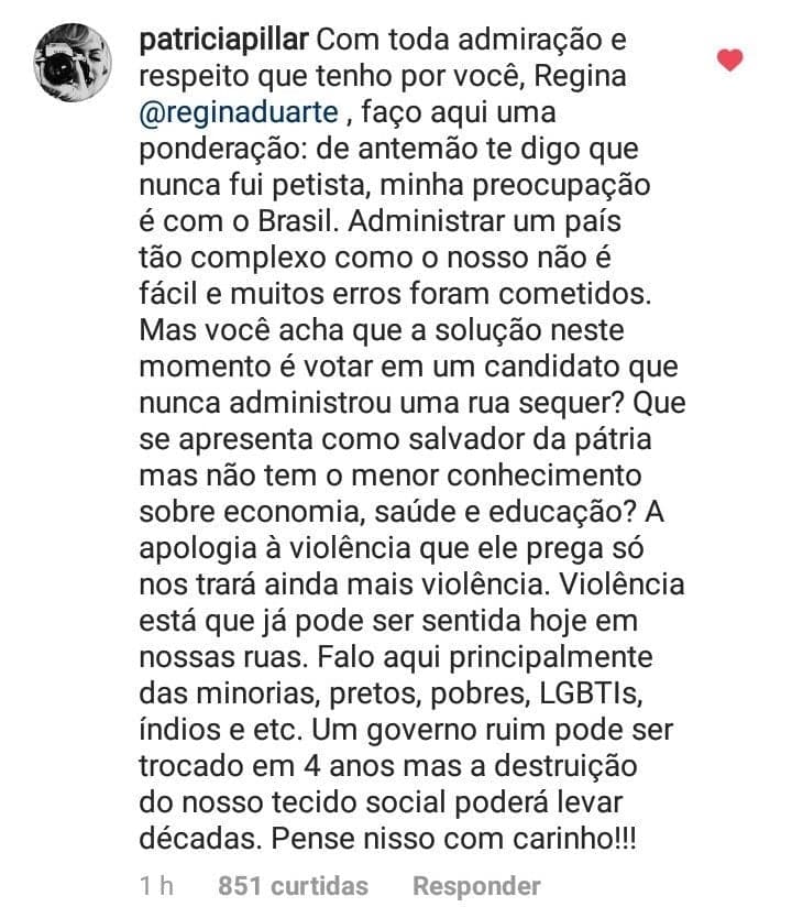 Resposta de Patrícia Pillar à postagem de Regina Duarte. (Foto: Reprodução)