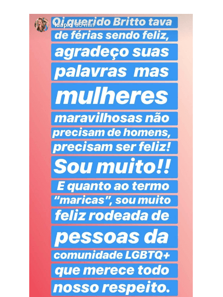 Luana Piovani respondeu mensagem homofóbica de Britto Jr. (Foto: Reprodução/Instagram) Luana Piovani respondeu mensagem homofóbica de Britto Jr. (Foto: Reprodução/Instagram)