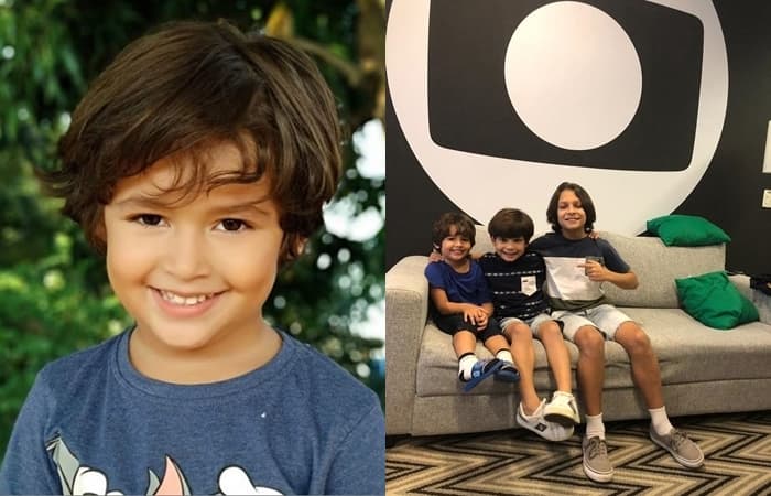 O ator mirim Eros Lázari; na segunda foto, Eros em um dos dias de preparação, com Pietro, e João (Foto: Arquivo pessoal/Montagem TV Foco) O ator mirim Eros Lázari; na segunda foto, Eros em um dos dias de preparação, com Pietro, e João (Foto: Arquivo pessoal/Montagem TV Foco)