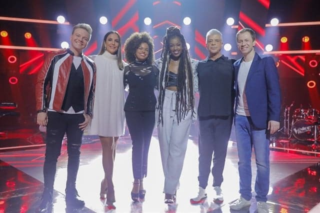 Tiago Leifert globo e Jennifer Nascimento com Ivete Sangalo, Michel Teló, Lulu Santos e Iza, técnicos do The Voice Brasil (Foto: Globo/ Victor Pollak) Tiago Leifert globo e Jennifer Nascimento com Ivete Sangalo, Michel Teló, Lulu Santos e Iza, técnicos do The Voice Brasil (Foto: Globo/ Victor Pollak)