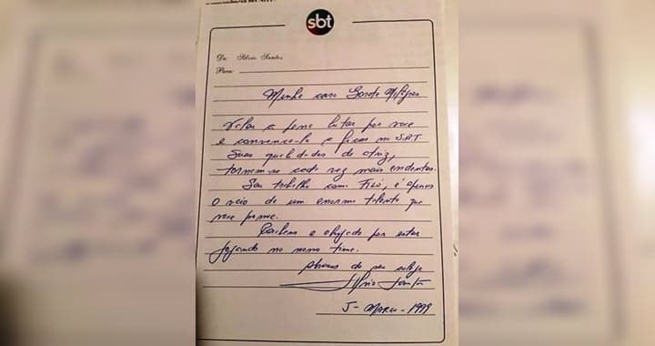 Bilhete escrito por Silvio Santos para Gorete Milagres. (Foto: Montagem/Reprodução) Bilhete escrito por Silvio Santos para Gorete Milagres. (Foto: Montagem/Reprodução)