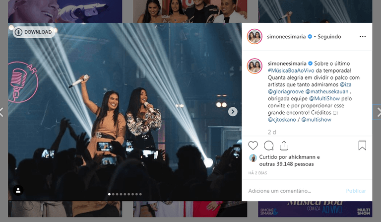 Simone e Simaria durante a apresentação do programa Música Boa do Multishow (Imagem: Instagram) Simone e Simaria durante a apresentação do programa Música Boa do Multishow (Imagem: Instagram)