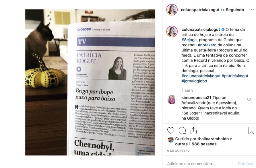 Patrícia Kogut detona Se Joga, apresentado por Fernanda Gentil. Foto: Reprodução Patrícia Kogut detona Se Joga, apresentado por Fernanda Gentil. Foto: Reprodução