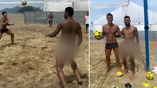 Gabigol vai à praia de sunga branca marcando tudo e fãs flagram volumão do jogador