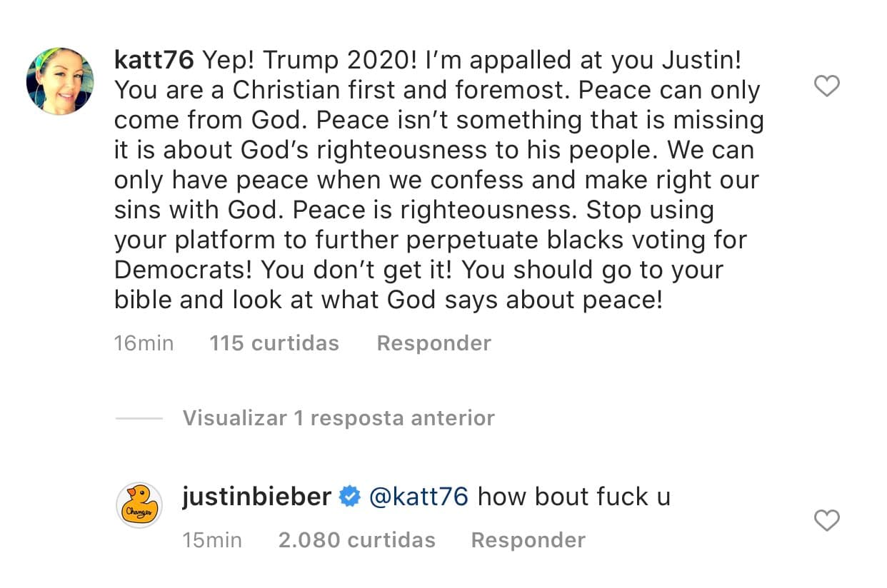 Comentário onde Justin Bieber rebaixa seguidora (Foto: Reprodução) Comentário onde Justin Bieber rebaixa seguidora (Foto: Reprodução)
