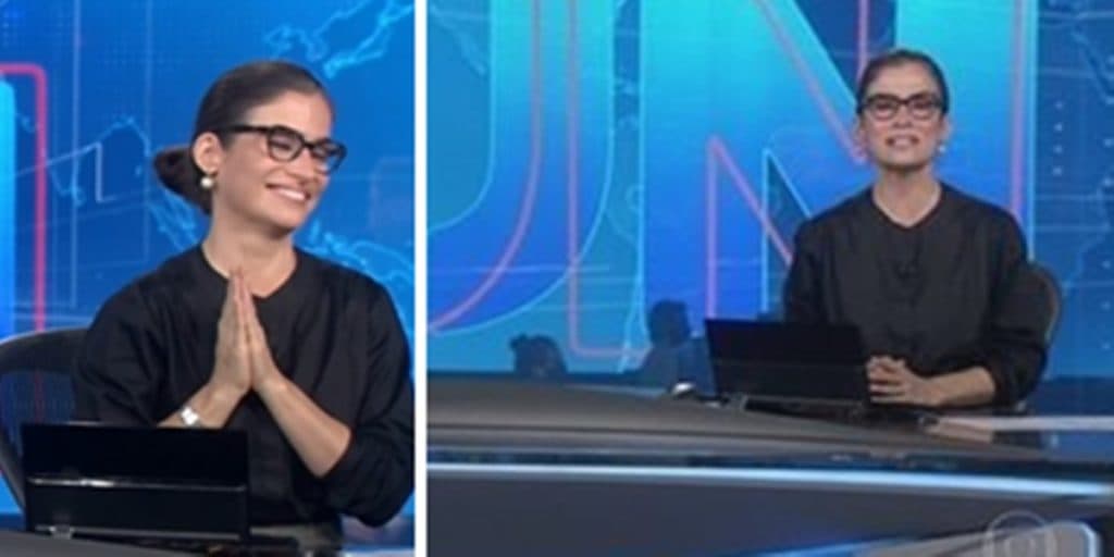 Renata Vasconcellos junta as mãos pra cima, olha para Bonner ao vivo na bancada do JN e se descontrola com o que vê