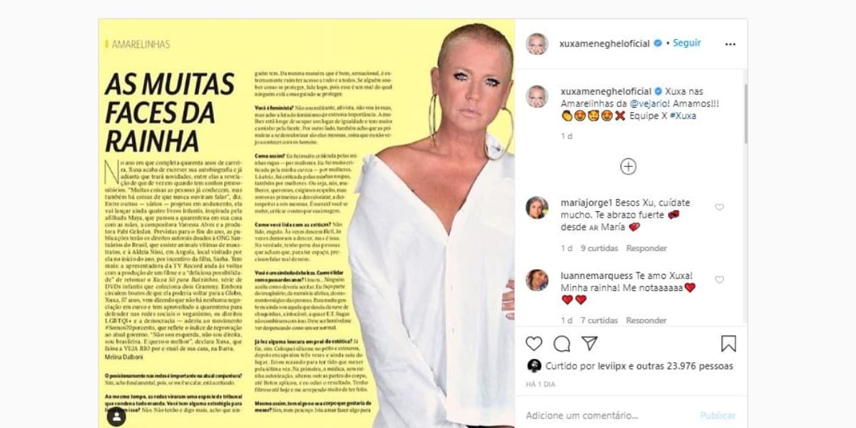 Xuxa deu uma reveladora entrevista à Veja Rio (Foto: Reprodução/Instagram) Xuxa deu uma reveladora entrevista à Veja Rio (Foto: Reprodução/Instagram)