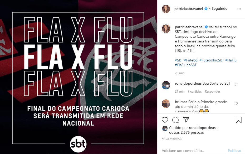 Patrícia Abravanel divulgou que o SBT vai transmitir a partida (Foto: Reprodução) Patrícia Abravanel divulgou que o SBT vai transmitir a partida (Foto: Reprodução)
