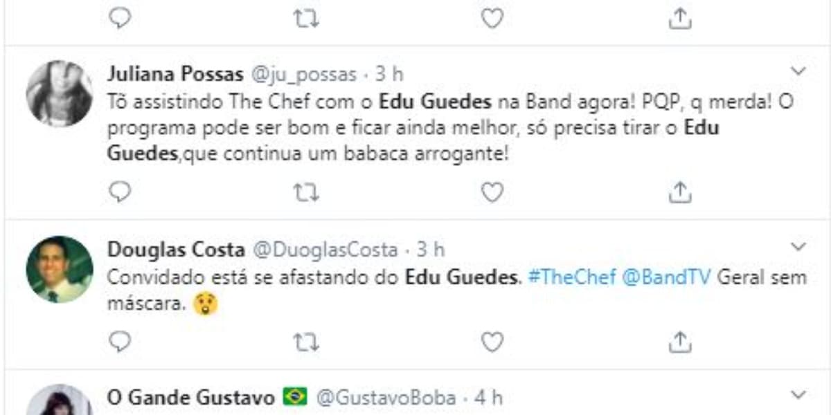 Público reagiu ao "The Chef", programa de Edu Guedes (Foto: Reprodução/Twitter) Público reagiu ao "The Chef", programa de Edu Guedes (Foto: Reprodução/Twitter)