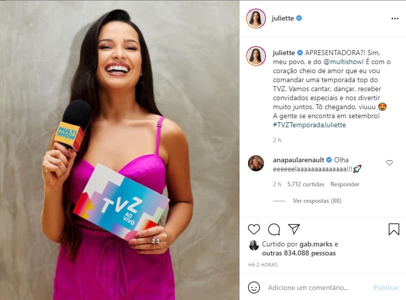 Juliette será apresentadora do TVZ, no Multishow (Foto: Reprodução) Juliette será apresentadora do TVZ, no Multishow (Foto: Reprodução)