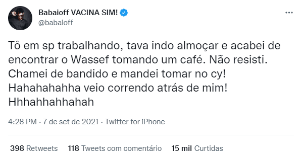 Ex Globo, Armando Babaioff usou as redes sociais para expor uma pequena briga que teve com um bolsonarista (Foto: Reprodução) Ex Globo, Armando Babaioff usou as redes sociais para expor uma pequena briga que teve com um bolsonarista (Foto: Reprodução)