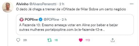 Erasmo Viana revoltou ao fazer insinuações sobre Aline Mineiro em "A Fazenda 13" (Foto: Reprodução/Twitter) Erasmo Viana revoltou ao fazer insinuações sobre Aline Mineiro em "A Fazenda 13" (Foto: Reprodução/Twitter)