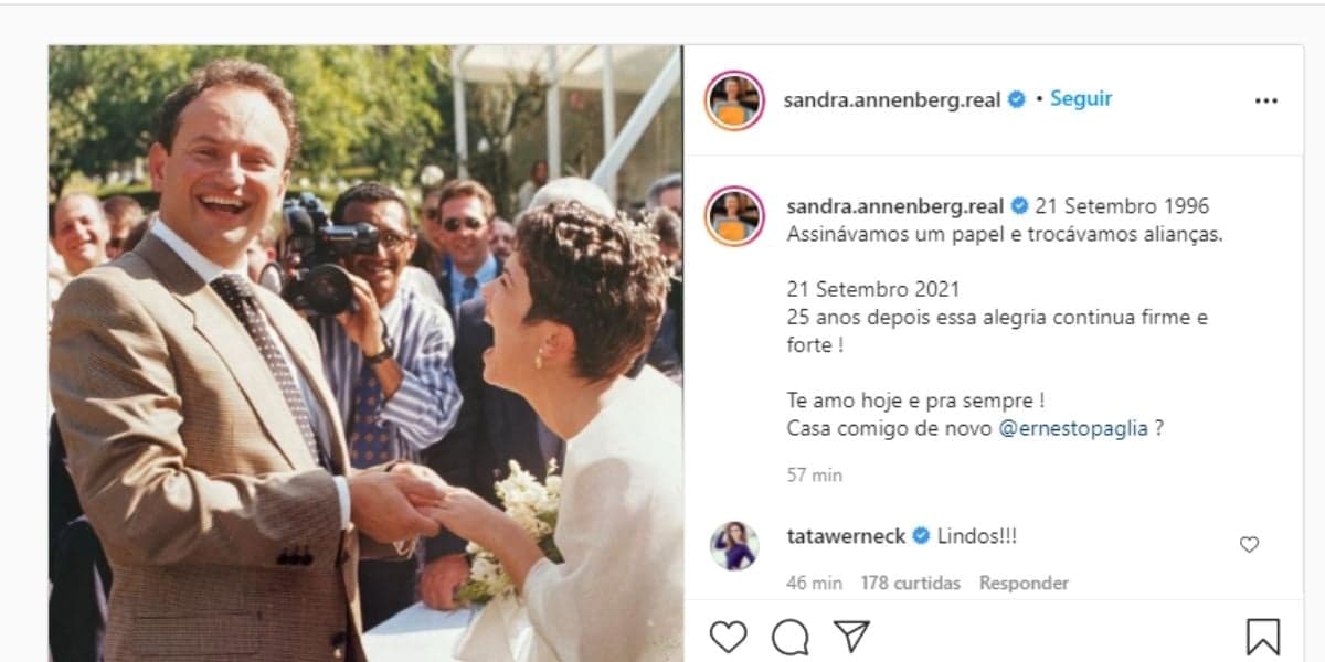 A global Sandra Annenberg e Ernesto Paglia (Reprodução: Instagram) A global Sandra Annenberg e Ernesto Paglia (Reprodução: Instagram)