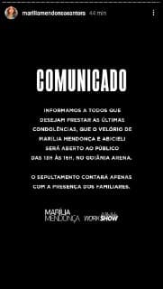 Comunicado sobre o velório de Marília Mendonça (Foto: Reprodução) Comunicado sobre o velório de Marília Mendonça (Foto: Reprodução)