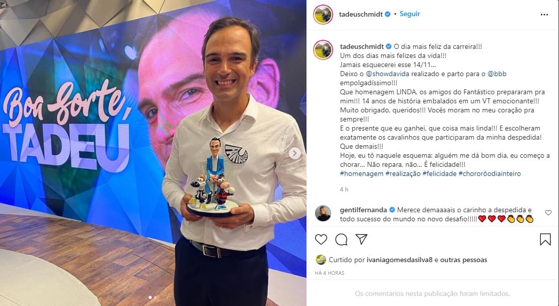 Tadeu Schmidt emociona em textão, após saída do Fantástico - Foto: Reprodução Tadeu Schmidt emociona em textão, após saída do Fantástico - Foto: Reprodução