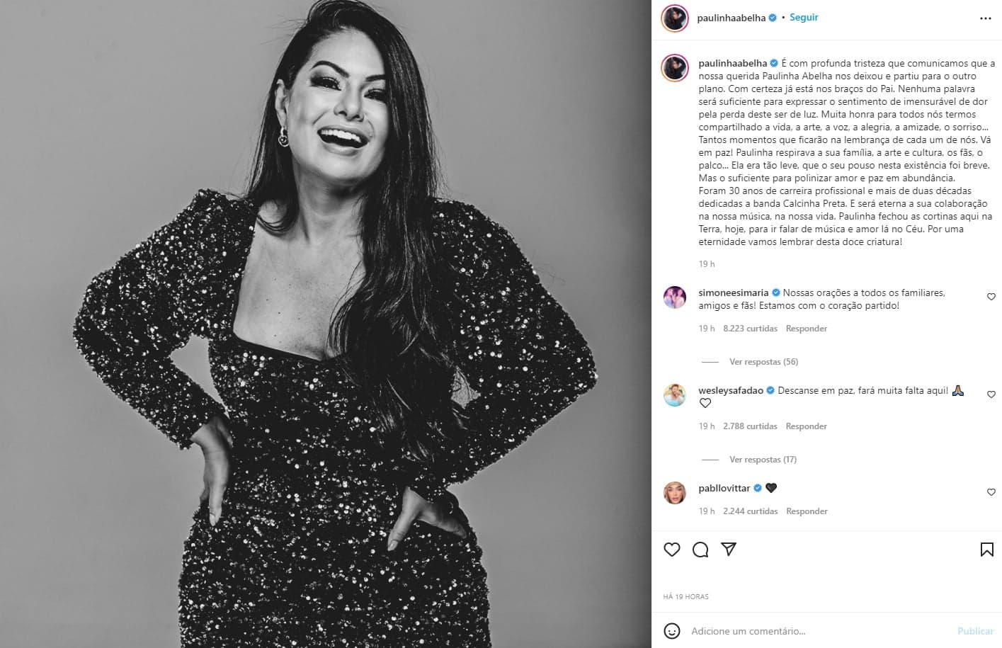 Declaração da equipe da Paulinha Abelha sobre a morte da cantora (Reprodução: Instagram) Declaração da equipe da Paulinha Abelha sobre a morte da cantora (Reprodução: Instagram)