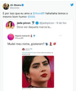 Boninho deu 'aval' para a invertida da Avon na equipe de ADMs de Jade Picon (Foto: Reprodução / Twitter) Boninho deu 'aval' para a invertida da Avon na equipe de ADMs de Jade Picon (Foto: Reprodução / Twitter)