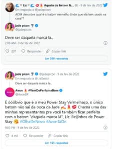 Equipe de Jade Picon leva invertida da Avon, patrocinadora do BBB22 (Foto: Reprodução / Twitter) Equipe de Jade Picon leva invertida da Avon, patrocinadora do BBB22 (Foto: Reprodução / Twitter)