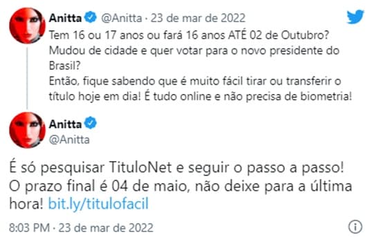 Anitta facilitou o acesso aos menores para fazerem seu título de eleitor 