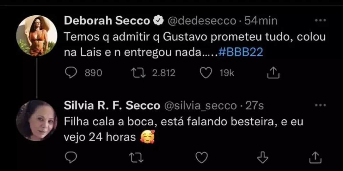 Deborah Secco troca farpas com a mãe pelo BBB 22 - Foto: Reprodução Deborah Secco troca farpas com a mãe pelo BBB 22 - Foto: Reprodução
