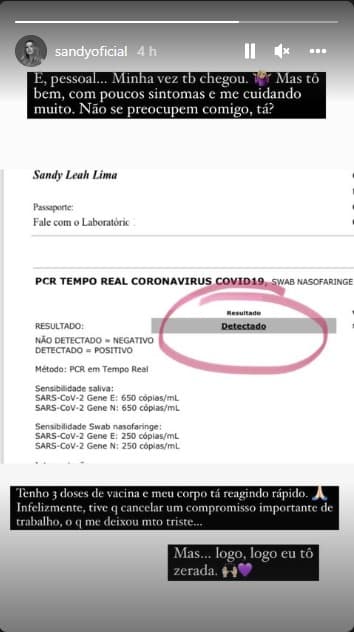 Sandy compartilhou o resultado do teste no Instagram Sandy compartilhou o resultado do teste no Instagram