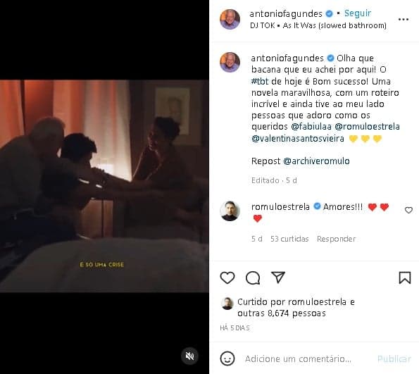 Antônio Fagundes surgiu se declarando para galã da Globo (Foto: Reprodução/ Instagram) Antônio Fagundes surgiu se declarando para galã da Globo (Foto: Reprodução/ Instagram)