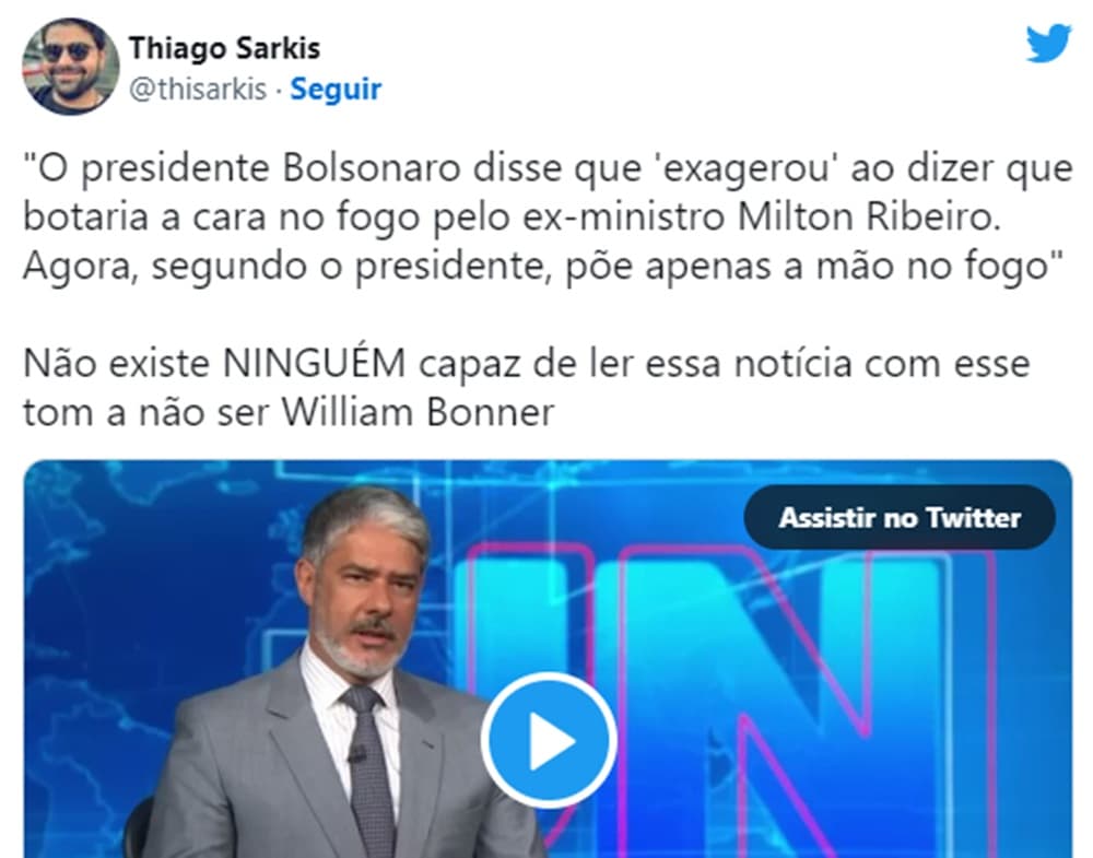 Os internautas circularam o vídeo de 15 segundos de Bonner nas redes sociais Os internautas circularam o vídeo de 15 segundos de Bonner nas redes sociais