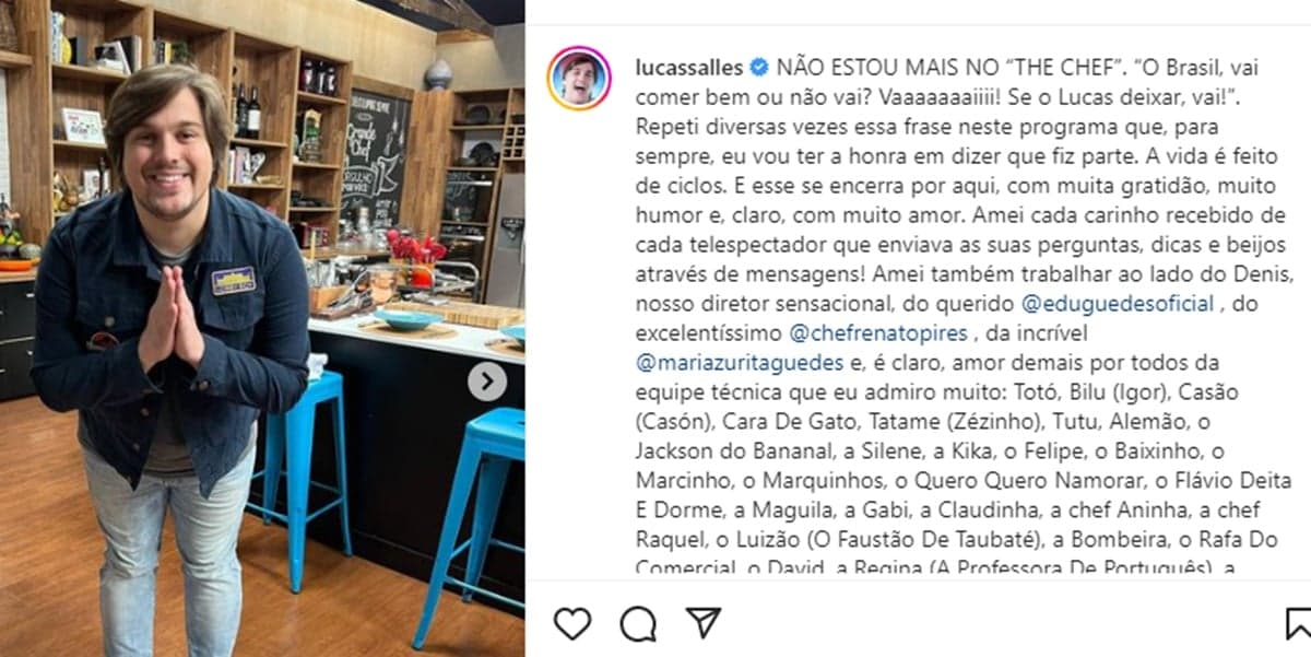 Lucas Salles faz textão de despedida aós sair do The Chef Lucas Salles faz textão de despedida aós sair do The Chef