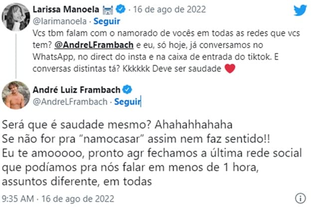 Larissa Manoela e seu namorado trocam mensagens públicas no Twitter Larissa Manoela e seu namorado trocam mensagens públicas no Twitter