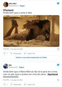 No twitter os fãs de Pantanal comentaram sobre o fato de Juma estar deitada na cama com os pés sujos (Foto: Reprodução / Twitter) No twitter os fãs de Pantanal comentaram sobre o fato de Juma estar deitada na cama com os pés sujos (Foto: Reprodução / Twitter)