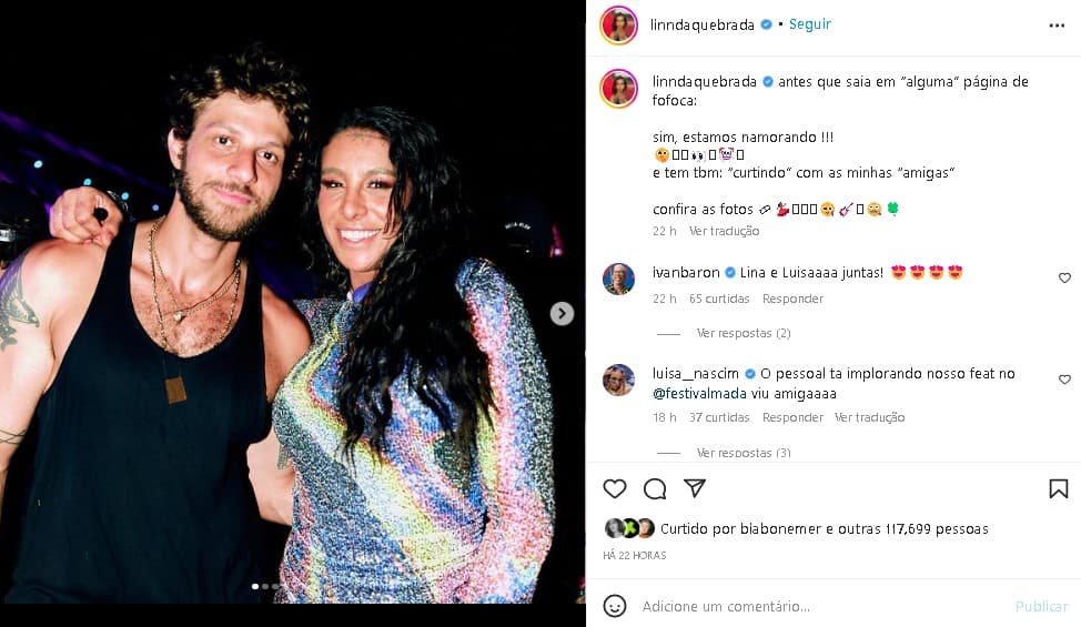 Linn da Quebrada surgiu em clima íntimo com Chay Suede (Foto: Reprodução/ Instagram) Linn da Quebrada surgiu em clima íntimo com Chay Suede (Foto: Reprodução/ Instagram)