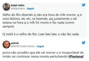 Velho do Rio (Osmar Prado) é detonado na web por deixar o filho de Tenório (Murilo Benício) morrer em Pantanal (Foto: Reprodução / Twitter) Velho do Rio (Osmar Prado) é detonado na web por deixar o filho de Tenório (Murilo Benício) morrer em Pantanal (Foto: Reprodução / Twitter)