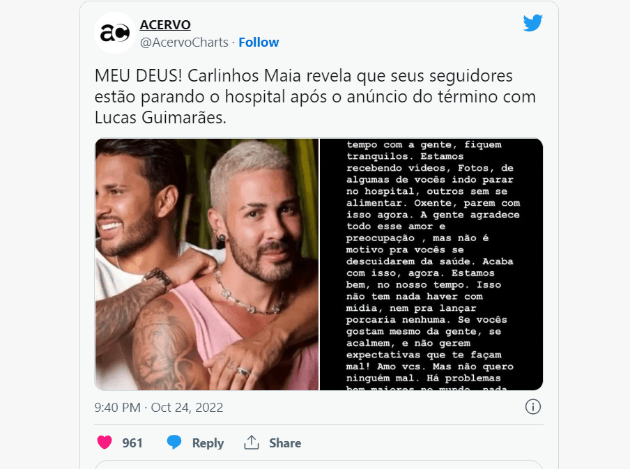 Pronunciamento de Carlinhos Maia teve repercussão (Foto Reprodução/Twitter) Pronunciamento de Carlinhos Maia teve repercussão (Foto Reprodução/Twitter)