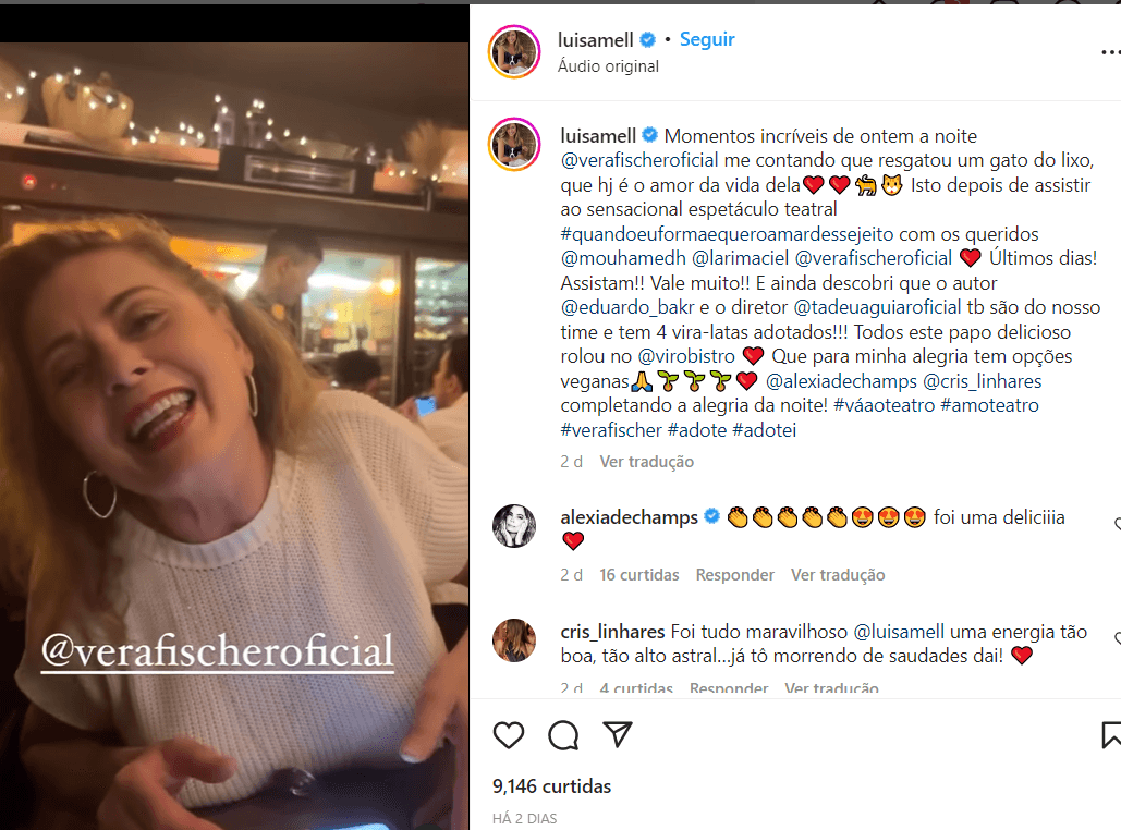 Luíza mell compartilha registro com Vera Fisher (Foto Reprodução/Instagram) Luíza mell compartilha registro com Vera Fisher (Foto Reprodução/Instagram)
