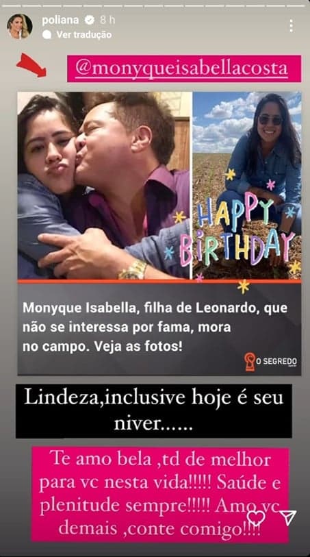 Poliana Rocha aproveita matéria sobre filha discreta de Leonardo e manda recado de aniversário 