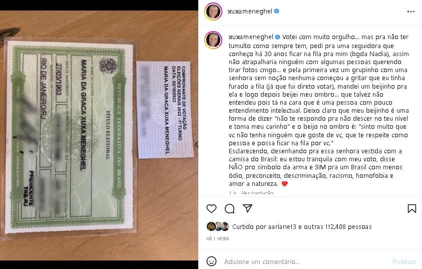 Xuxa Meneghel falou sobre confusão na fila na hora de votar (Foto: Reprodução/ Instagram) Xuxa Meneghel falou sobre confusão na fila na hora de votar (Foto: Reprodução/ Instagram)
