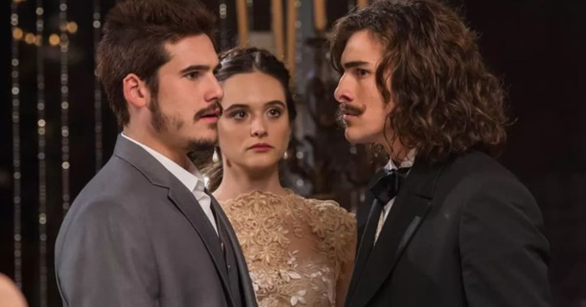 Nicolas Prattes, Juliana Paiva e Bruno Montaleone em cena de O Tempo Não Para (Divulgação/ Globo) Nicolas Prattes, Juliana Paiva e Bruno Montaleone em cena de O Tempo Não Para (Divulgação/ Globo)