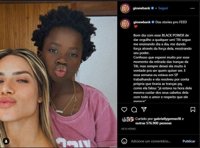 Gio Ewbank faz textão a filha, Títi, e diz o que ela fez - Foto: Reprodução
