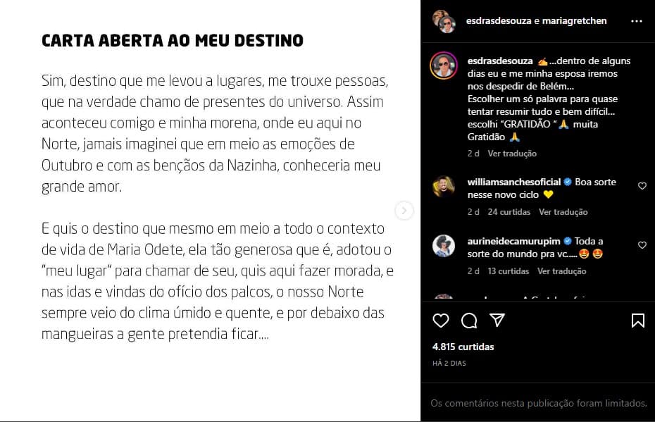 Carta aberta divulgada pelo marido de Gretchen nas redes sociais - Foto: Reprodução Carta aberta divulgada pelo marido de Gretchen nas redes sociais - Foto: Reprodução