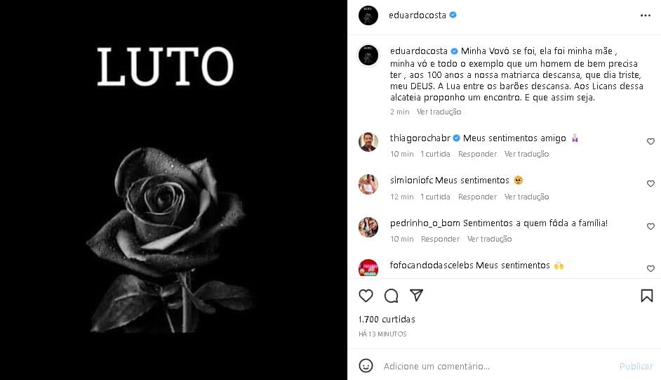 Eduardo Costa surgiu abalado ao confirmar morte na família - Foto: Reprodução/ Instagram Eduardo Costa surgiu abalado ao confirmar morte na família - Foto: Reprodução/ Instagram