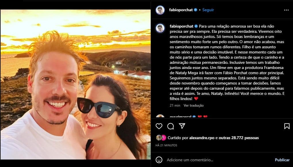 Fábio Porchat divulga textão após fim do casamento com Nataly Mega - Foto: Reprodução Fábio Porchat divulga textão após fim do casamento com Nataly Mega - Foto: Reprodução