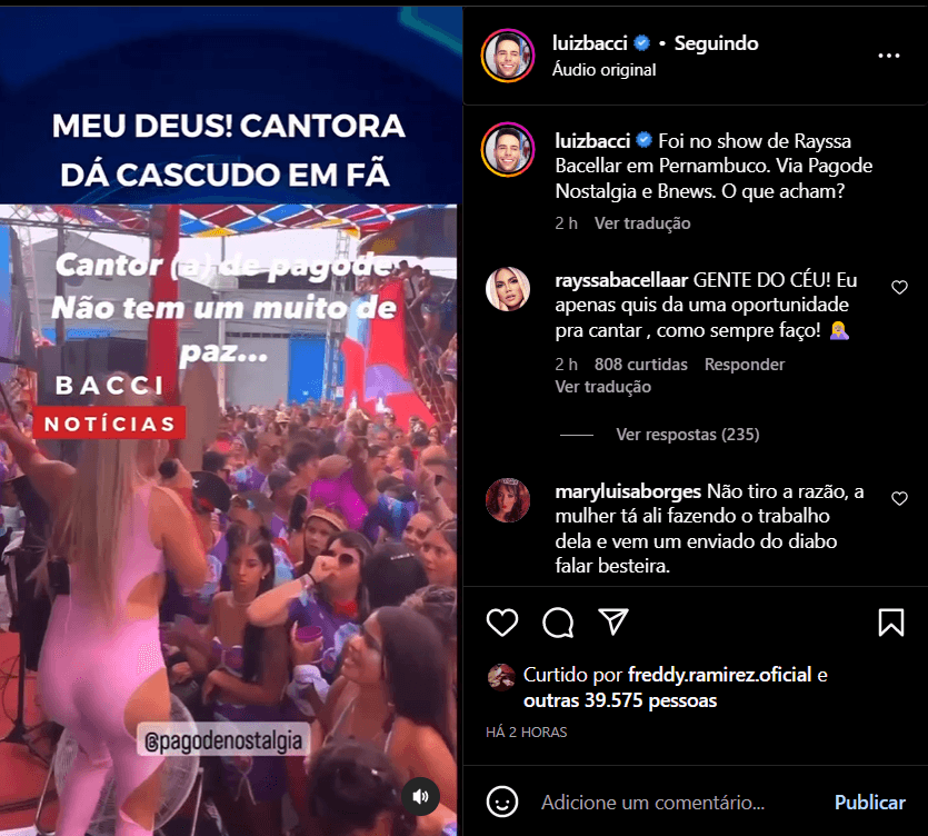 Publicação de Luiz Bacci mostrando o vídeo aonde a cantora Rayssa Bacellar surge dando um cascudo em fã com microfone (Foto Reprodução/Instagram) Publicação de Luiz Bacci mostrando o vídeo aonde a cantora Rayssa Bacellar surge dando um cascudo em fã com microfone (Foto Reprodução/Instagram)