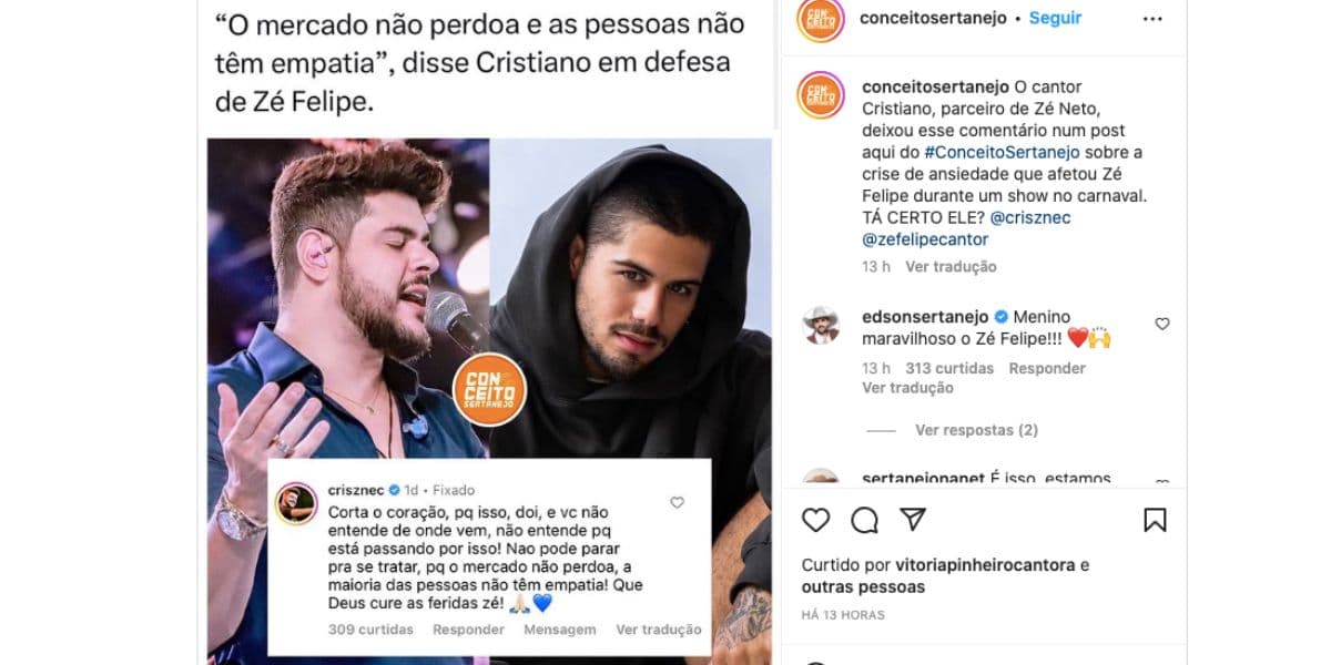 Cristiano mostra apoio para Zé Felipe, após ataques por conta de show (Foto: Reprodução / Instagram) Cristiano mostra apoio para Zé Felipe, após ataques por conta de show (Foto: Reprodução / Instagram)