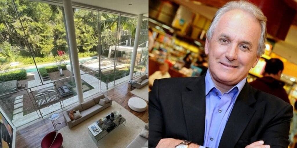 Sala do tamanho de uma casa comum, fachada de vidro e piscina: a mansão de Otávio Mesquita após reforma