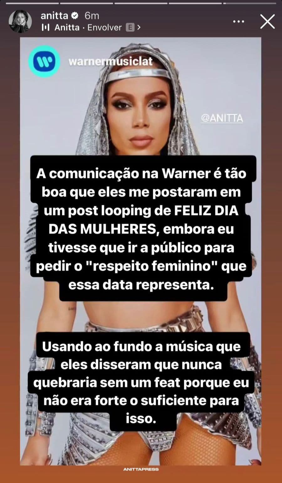 Anitta detona Warner Music - Foto Reprodução Instagram