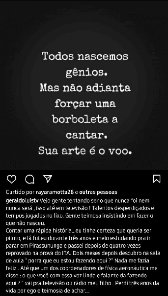 Publicação de Geraldo Luís (Foto: Reprodução/ Instagram) Publicação de Geraldo Luís (Foto: Reprodução/ Instagram)