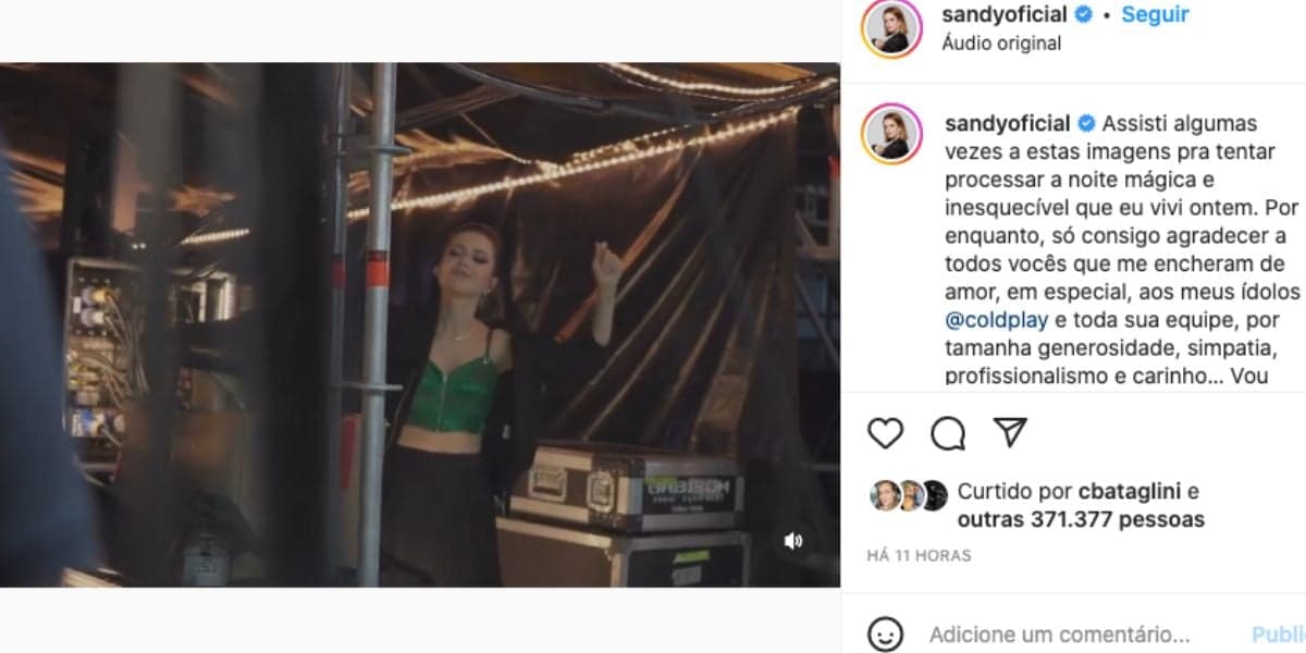 Sandy aparece tremendo em bastidores do Coldplay e fala sobre apresentação ao lado de Chris Martin (Foto: Reprodução / Instagram) Sandy aparece tremendo em bastidores do Coldplay e fala sobre apresentação ao lado de Chris Martin (Foto: Reprodução / Instagram)