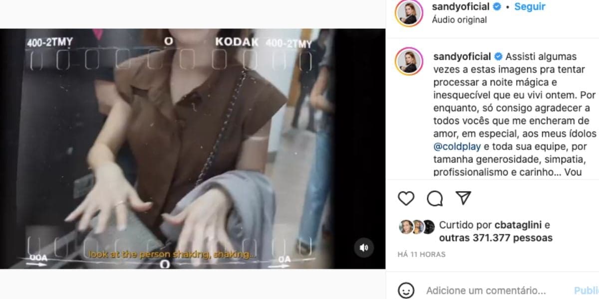 Sandy aparece tremendo em bastidores do Coldplay e fala sobre apresentação ao lado de Chris Martin (Foto: Reprodução / Instagram) Sandy aparece tremendo em bastidores do Coldplay e fala sobre apresentação ao lado de Chris Martin (Foto: Reprodução / Instagram)