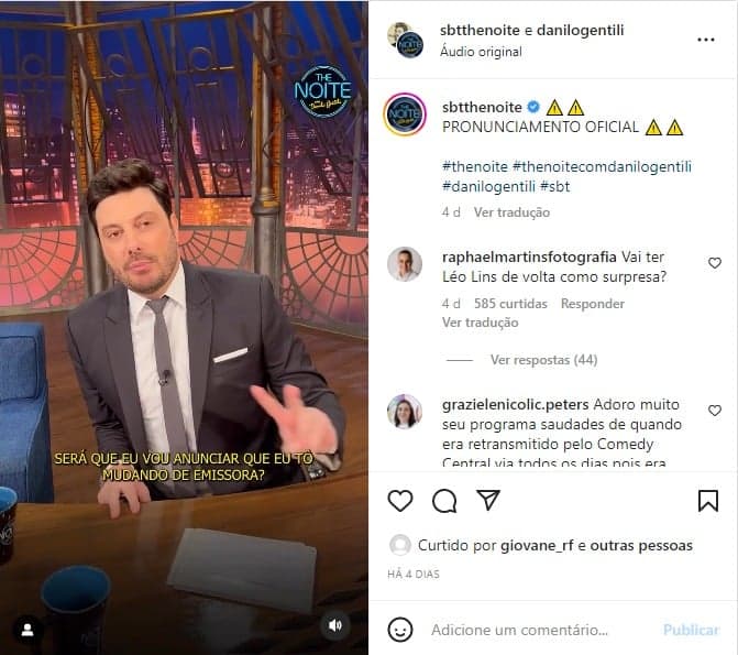 Danilo Gentili faz pronunciamento e fala de mudança de emissora - Foto: Reprodução/instagram