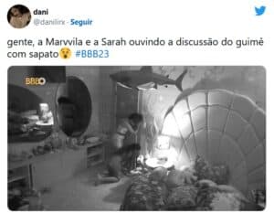 Internautas criticaram Sarah Aline e Marvvila por ouvirem atrás da porta no BBB23 (Foto: Reprodução / Twitter) Internautas criticaram Sarah Aline e Marvvila por ouvirem atrás da porta no BBB23 (Foto: Reprodução / Twitter)